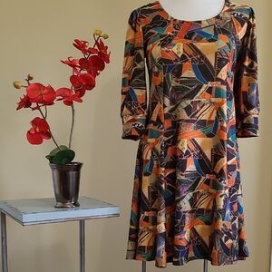 ZARA Dress Skater Skirt Pullover Fitted Bodice 3/4 Sleeve Abstract Color Print L